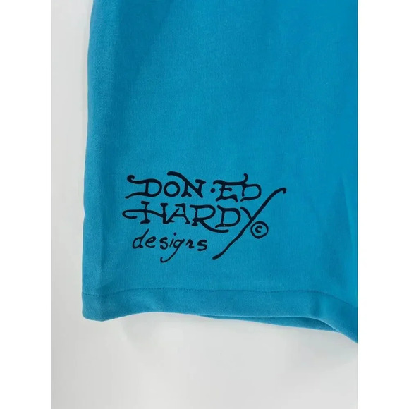 Ed Hardy Graphic Fire Skull Tattoo Men's Fleece Sweat shorts Size XXL Blue NWT - Picture 4 of 11